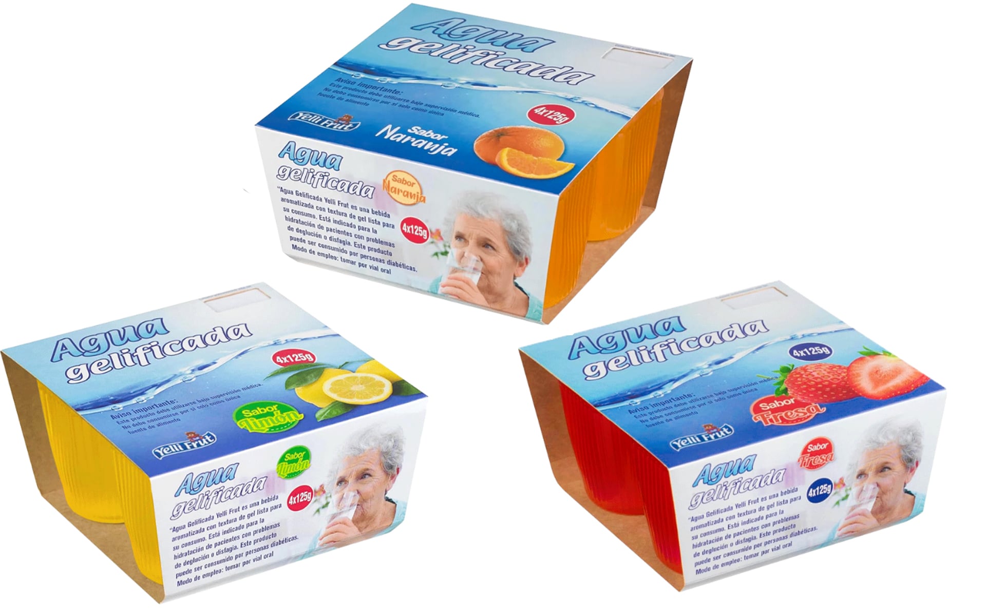 Pack de agua gelificada Yelli Frut con varios sabores en envases de 4x125 g: naranja, limón y fresa.