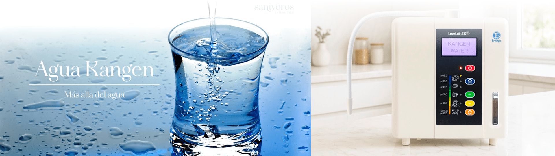 Banner de Agua Kangen con vaso de agua pura y máquina Enagic Leveluk SD501 en encimera