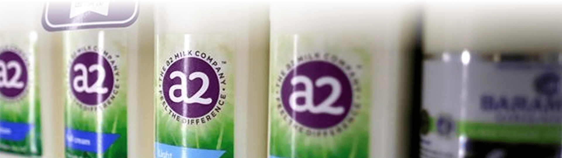 Botellas de leche A2 en refrigeración, con etiquetas verdes y moradas de The a2 Milk Company